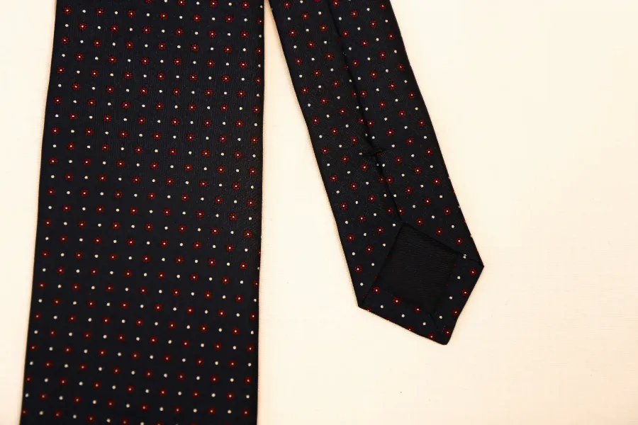 Tie 100% Silk Twill Navy & Red Flower Dots Silk Tip