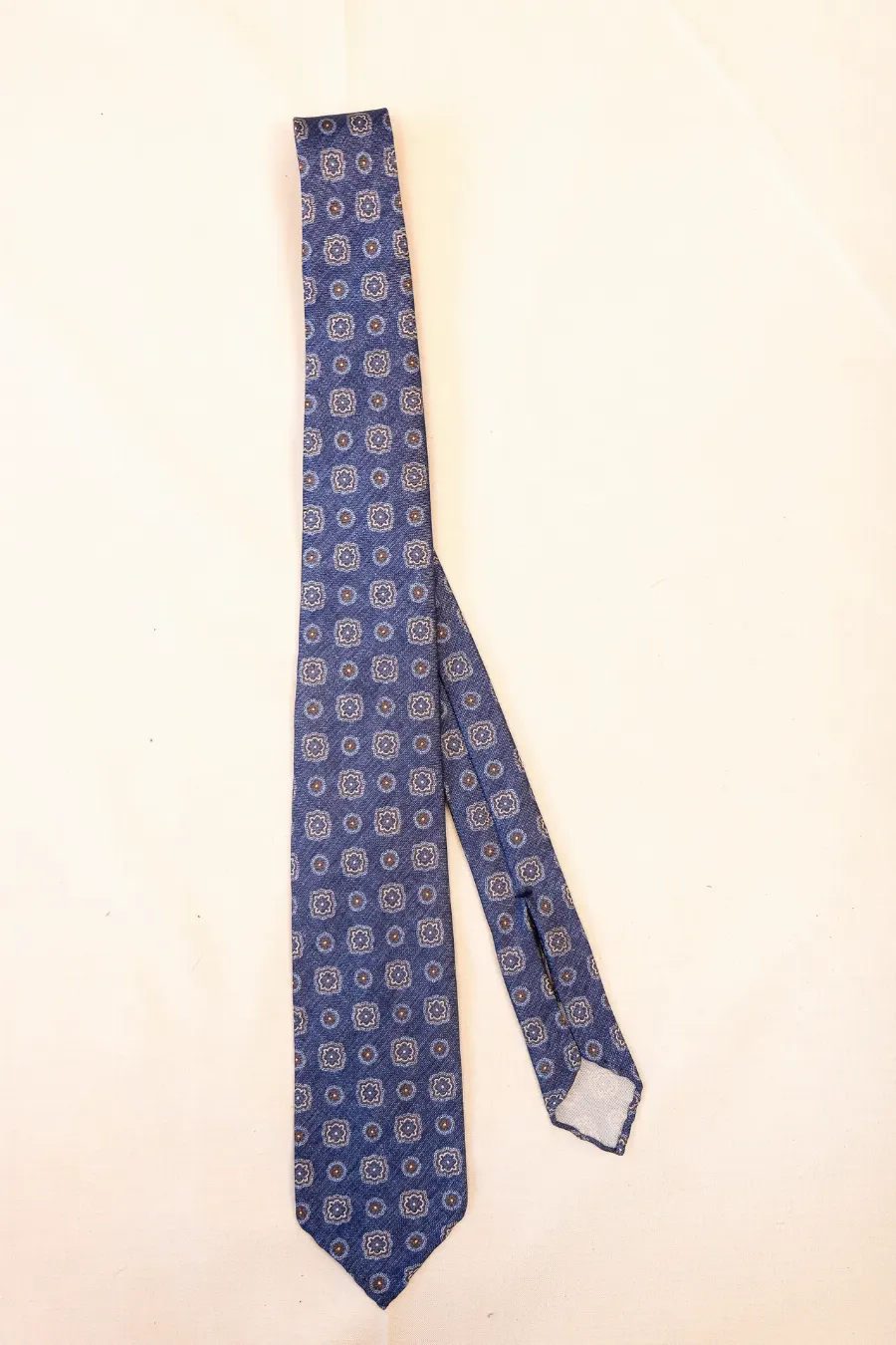 Tie 100% Silk Panama Denim Navy Brown Flower 7 Folds Untipped