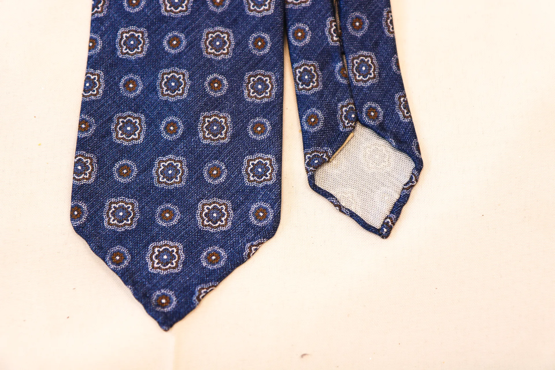 Tie 100% Silk Panama Denim Navy Brown Flower 7 Folds Untipped