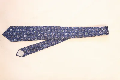 Tie 100% Silk Panama Denim Navy Brown Flower 7 Folds Untipped