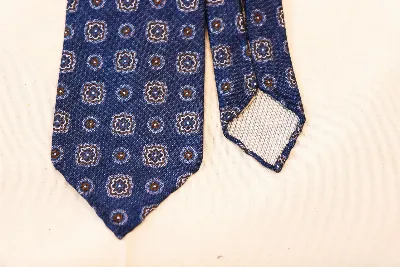 Tie 100% Silk Panama Denim Navy Brown Flower 7 Folds Untipped