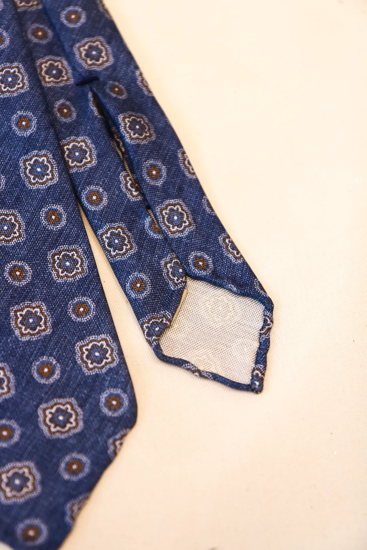 Tie 100% Silk Panama Denim Navy Brown Flower 7 Folds Untipped