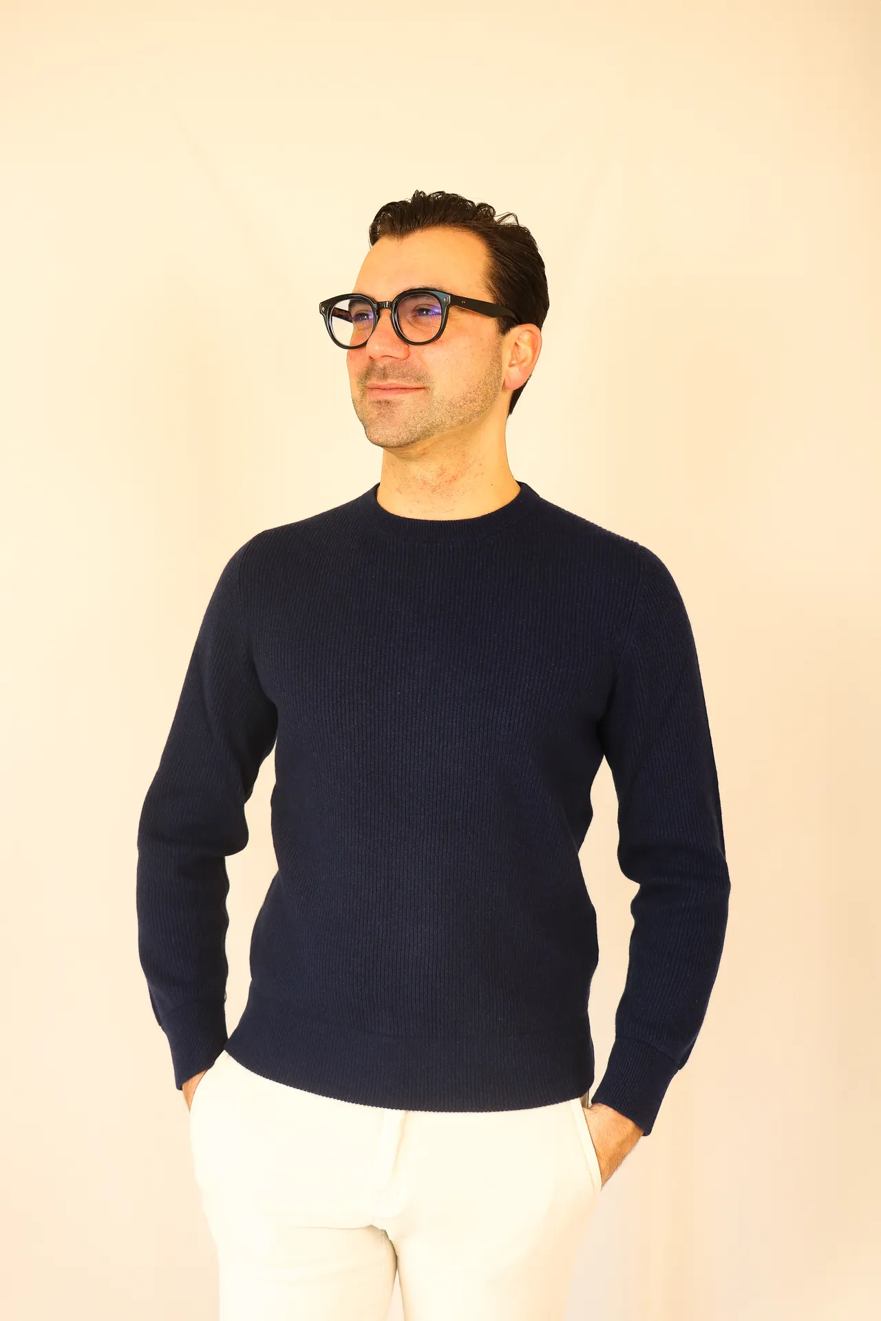 Rib knit sweater navy Milan cashmere