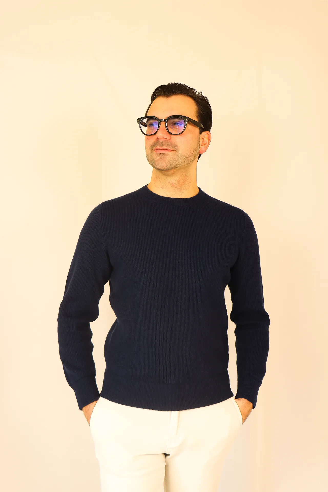 Rib knit sweater navy Milan cashmere