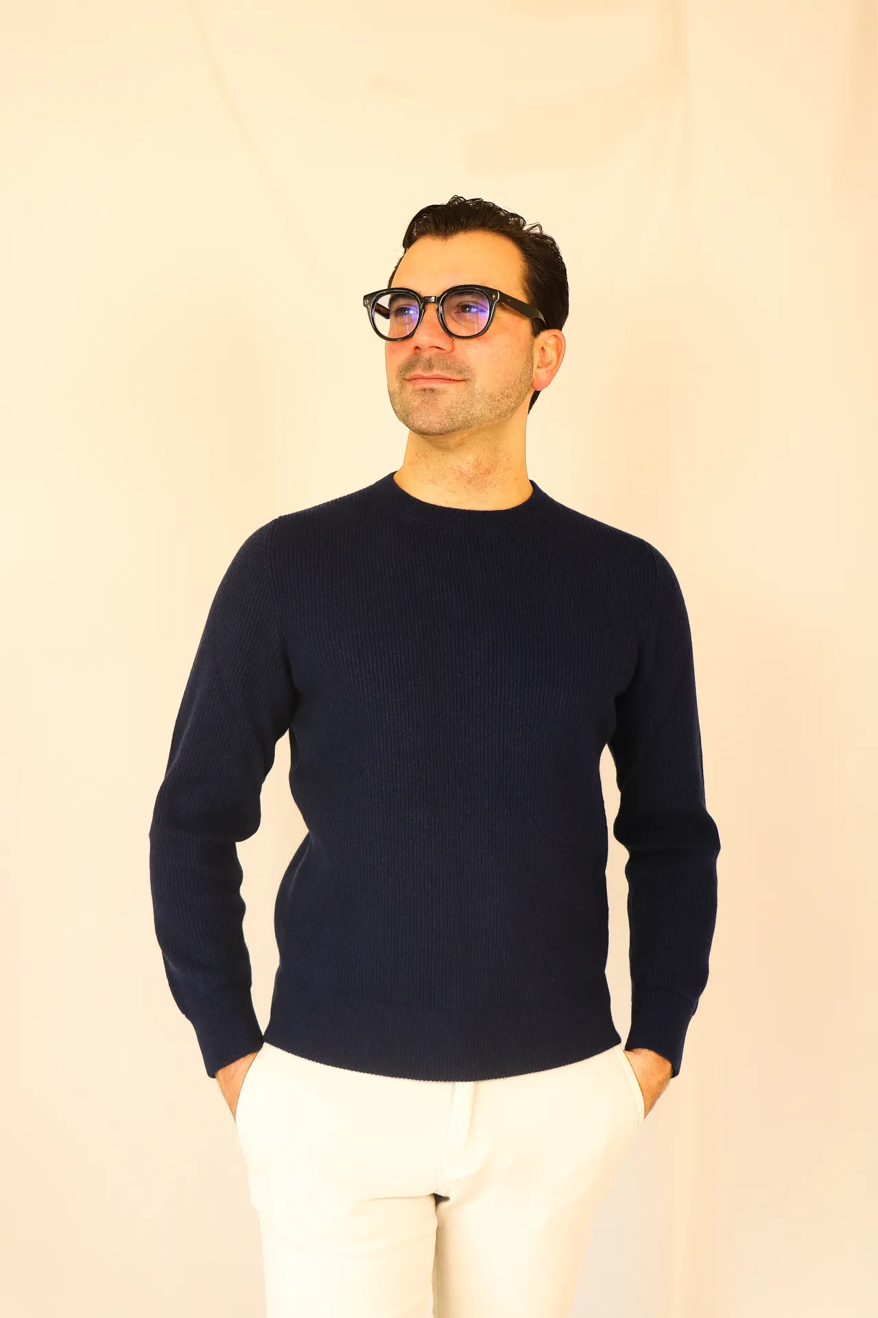 Rib knit sweater navy Milan cashmere