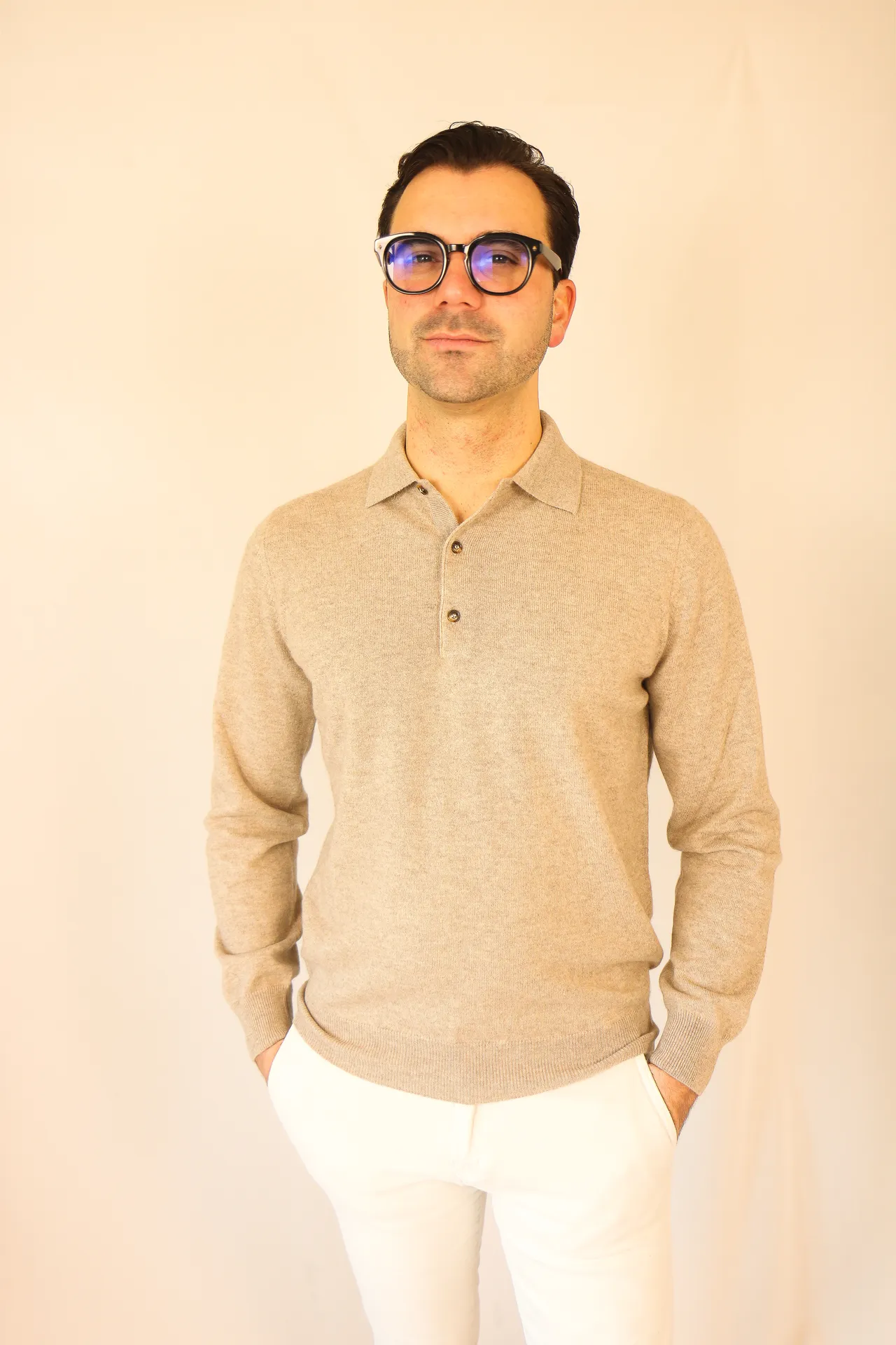 Polo longsleeve taupe Bergamo cashmere