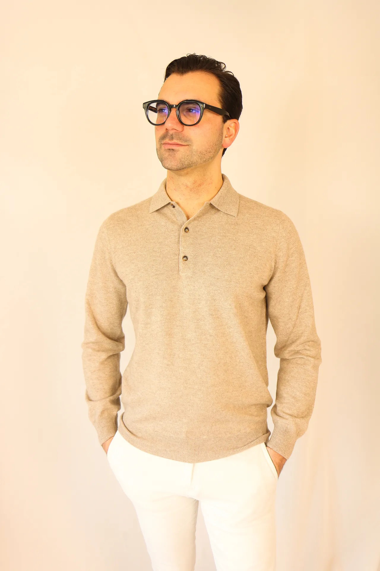 Polo longsleeve taupe Bergamo cashmere
