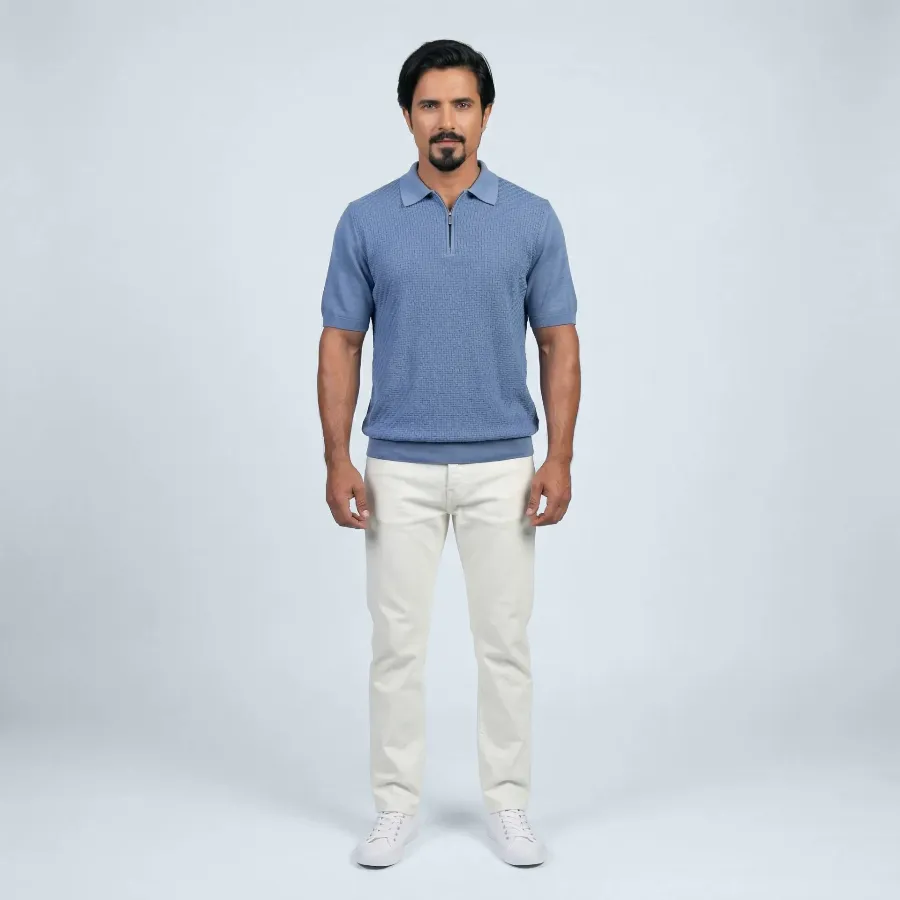 Polo zip Udine light denim 100% silk - 002 image f7222fcb 0127 41b4 bbc6 4ec23f98c9ab