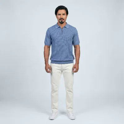 Polo zip Udine light denim 100% silk - 002 image f7222fcb 0127 41b4 bbc6 4ec23f98c9ab