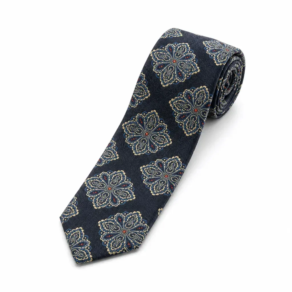 Tie 100% Silk Navy & Off White Flower Silk Tip