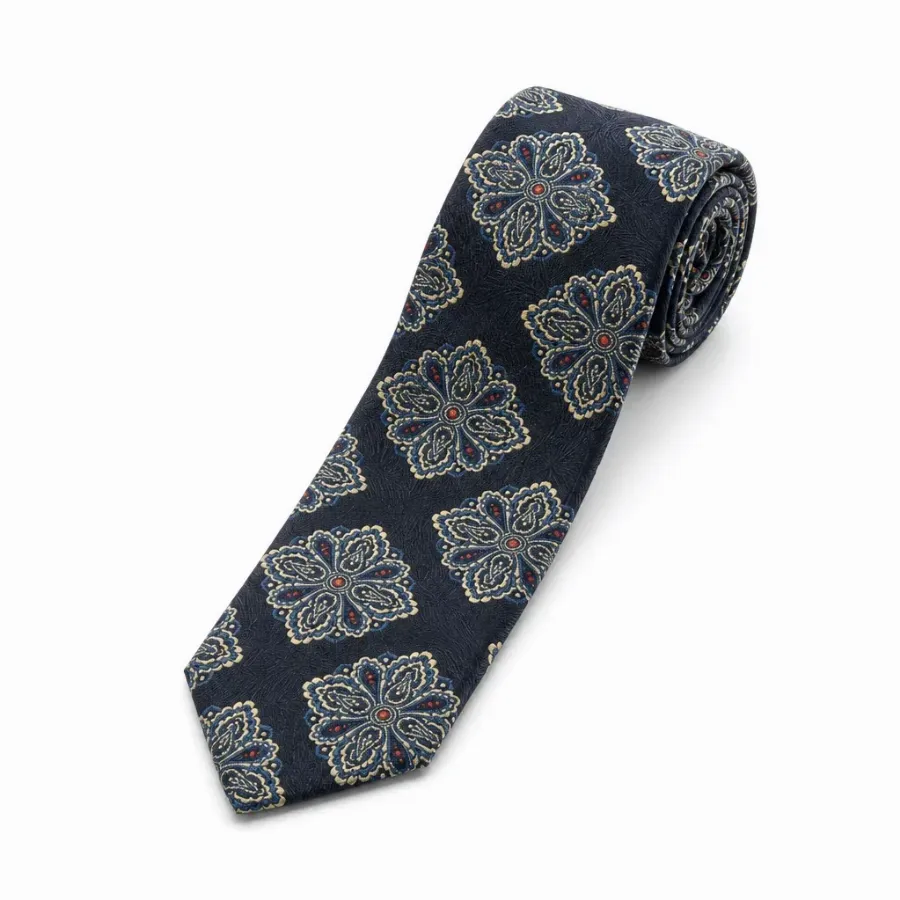 Tie 100% Silk Navy & Off White Flower Silk Tip - 8721399462829