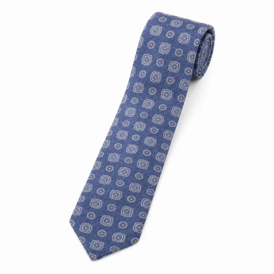 Tie 100% Silk Panama Denim Navy Brown Flower 7 Folds Untipped - 8721399463062