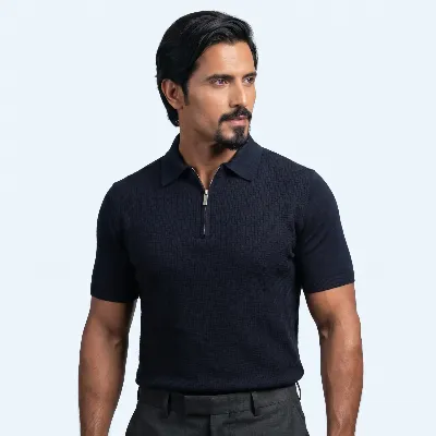 Polo zip Udine navy 100% silk - Polo zip Udine Navy 2