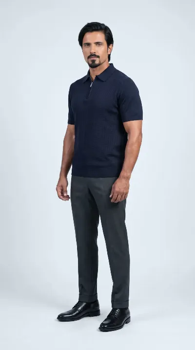 Polo zip Udine navy 100% silk - Polo zip Udine Navy 1