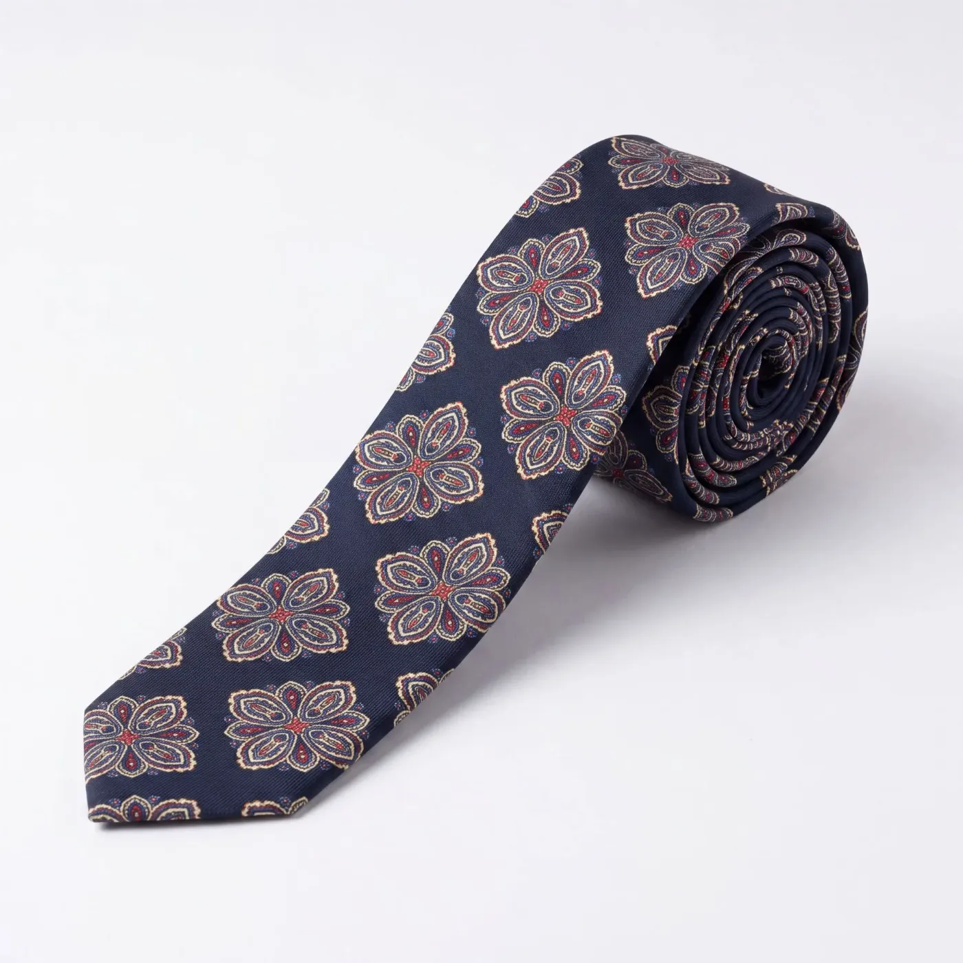 Self-Tipped Silk Tie Navy Off-White Floral