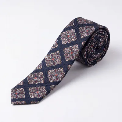 Tie 100% Silk Navy & Off White Flower Silk Tip - 8721399462829 1