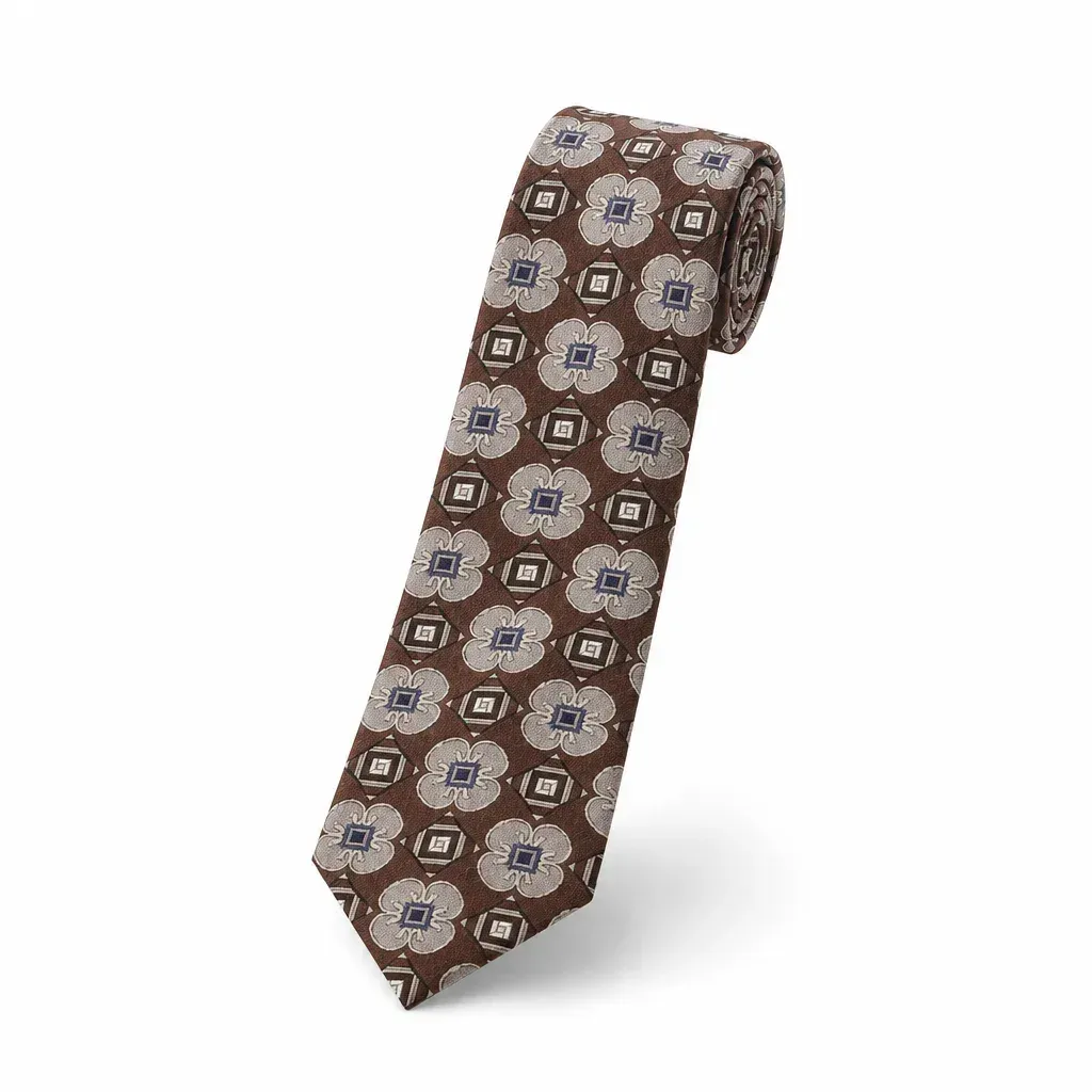 Self-Tipped Silk Tie Brown Grey Floral