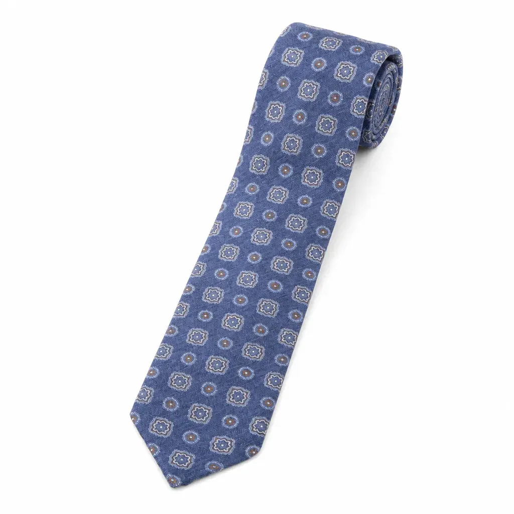 7-Fold Untipped Silk Panama Tie Denim Navy Brown Floral