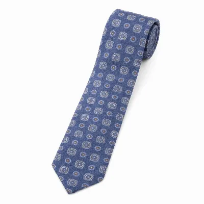 Tie 100% Silk Panama Denim Navy Brown Flower 7 Folds Untipped - 8721399463062