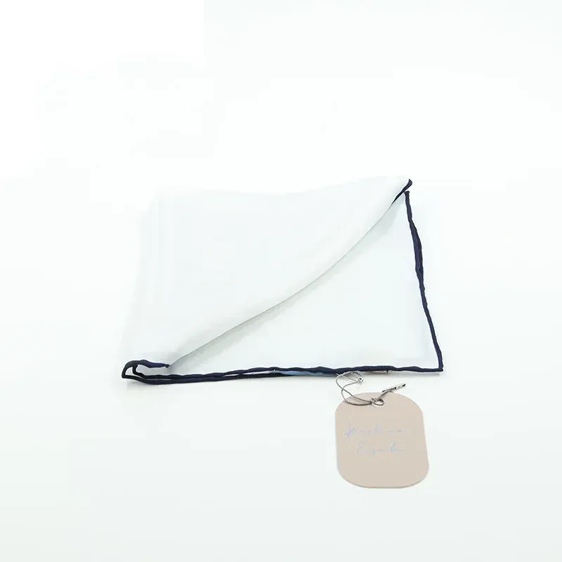 Silk Pocket Square White Navy Border