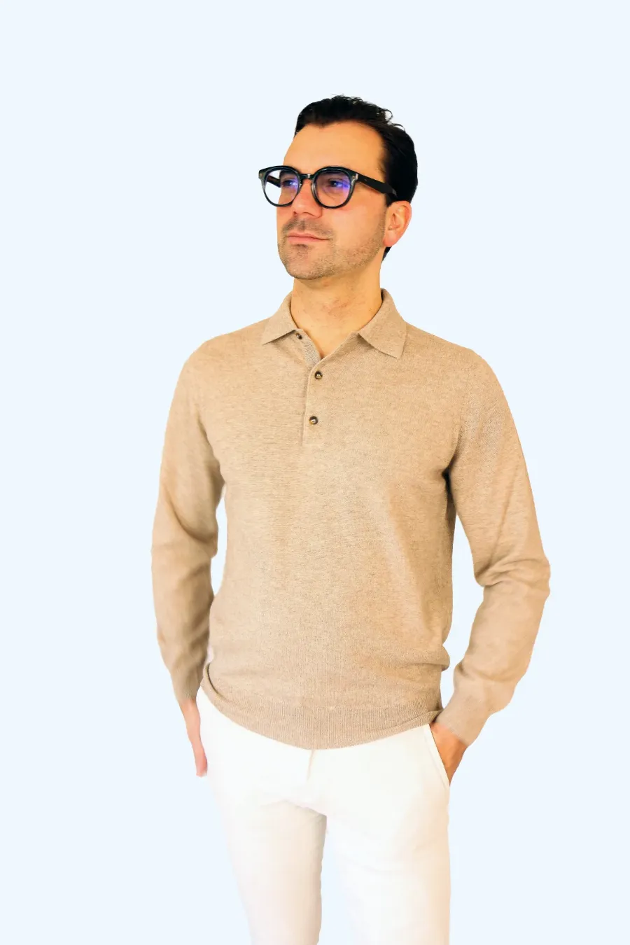 Polo longsleeve taupe Bergamo cashmere  - IMG 9508